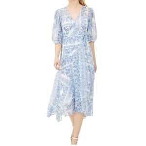 Calvin Klein Dress Sz 12 Blue White Paisley Sheer Layered wrapped Maxi dress